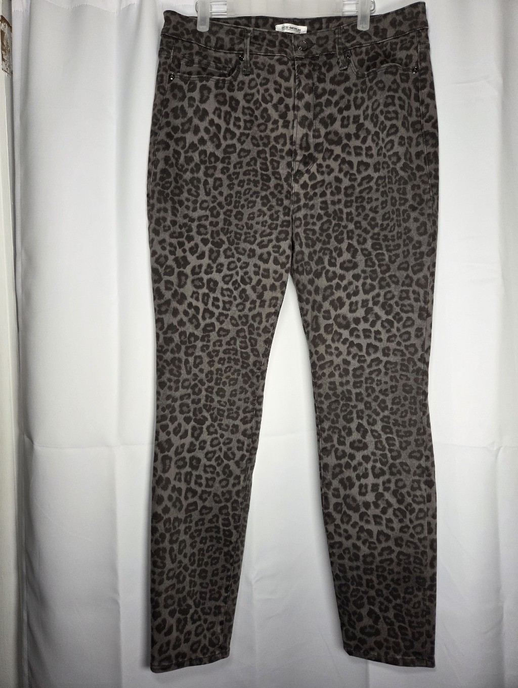 Good American Gray Leopard Print Stretch Skinny Denim Jeans Women's Size 16
